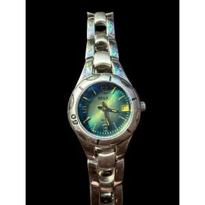 Relic Women's Silver Tone Stainless Steel Watch Green Blue Dial Date Quartz